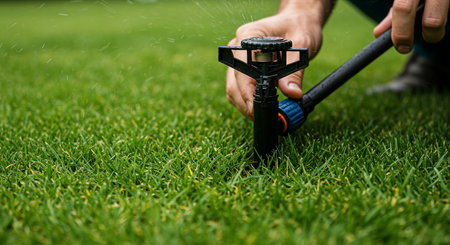 Close-up of a gardener spraying water on green grass.の素材