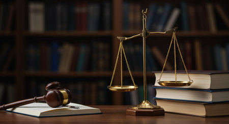 Law theme, mallet of judge, books and scales of justiceの素材