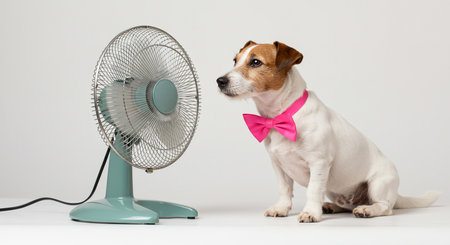 Jack russell terrier with a pink bow sitting in front of an electric fanの素材