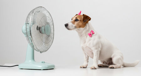 Jack russell terrier and a fan on a white backgroundの素材