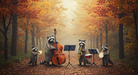 Raccoons playing musical instruments in autumn forest. 3D renderingの素材