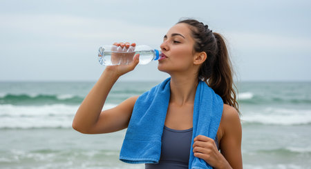 Beautiful young woman drinking water after workout on the beach. Healthy lifestyle concept.の素材