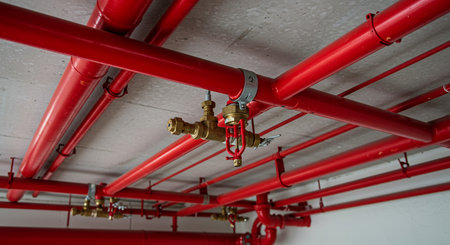 Red fire hydrant on the ceiling of a building in Thailand.の素材