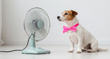 Jack russell terrier with pink bow tie sitting near electric fanの素材