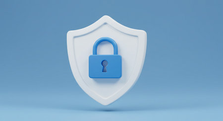 Protection shield with lock icon isolated on blue background. 3d illustrationの素材