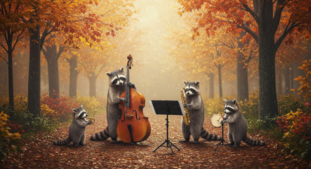 Three raccoons playing musical instruments in autumn forest. 3D renderingの素材