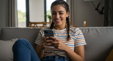 Portrait of smiling young woman using mobile phone while sitting on sofa at homeの素材
