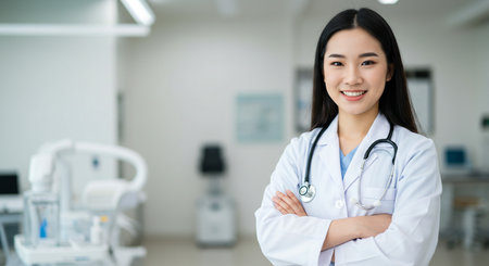 Portrait of asian female doctor with stethoscope in hospitalの素材