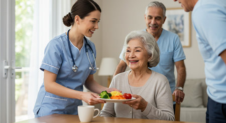 Smiling nurse serving a salad to an elderly woman in the nursing homeの素材