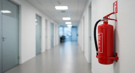 Fire extinguisher on the wall in the hospital. 3d renderingの素材