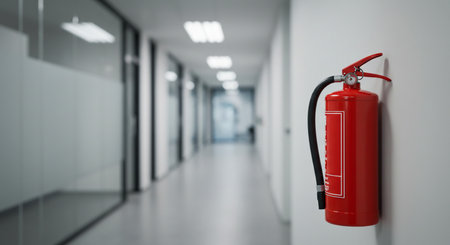 Fire extinguisher in the corridor of the hospital. 3d renderingの素材