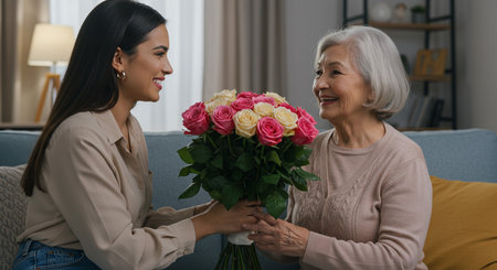 happy asian woman giving bouquet of roses to senior mother at homeの素材