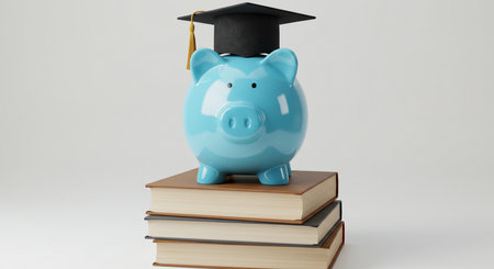 Piggy bank with graduation cap on top of stack of booksの素材