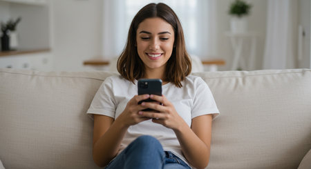 Smiling young woman sitting on couch and using mobile phone at homeの素材