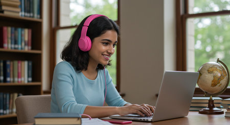 education, technology and people concept - smiling african american female student with headphones and laptop computer in libraryの素材