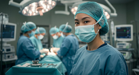 Team surgeon at work in operating room. Group of surgeons in operating room with surgery equipment.の素材