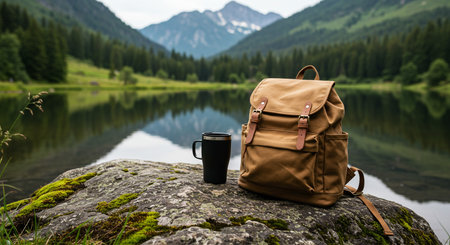 Hiking backpack with a cup of coffee on the background of a mountain lakeの素材
