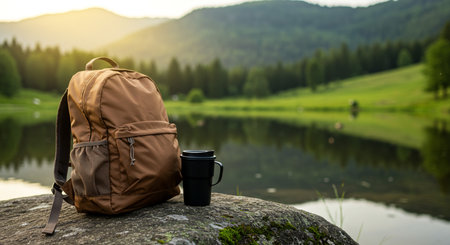Hiking backpack and a cup of coffee on a rock by the lake.の素材