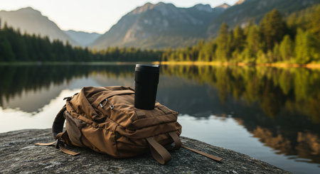 Hiking backpack with thermos on the shore of a mountain lakeの素材