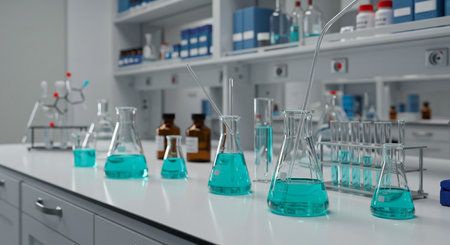Laboratory glassware with blue liquid in scientific laboratory, science research and development conceptの素材