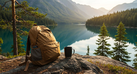 Hiking backpack with a cup of coffee on a mountain lake.の素材