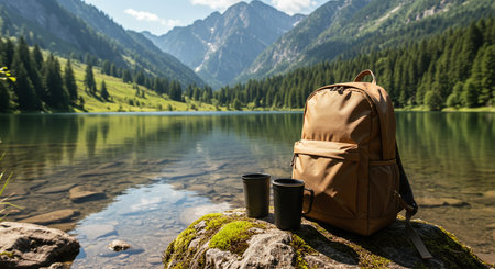 Hiking backpack and cup of coffee on a mountain lake shore.の素材