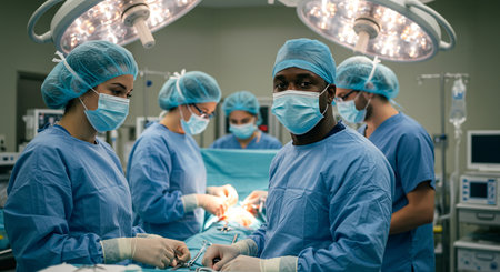 Group of surgeons in operating room. Group of surgeons in operating room with surgery equipment.の素材