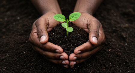 Hands of african american man holding young plant in soilの素材