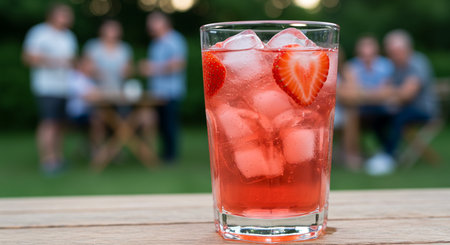 summer, holidays, celebration and people concept - close up of glass of strawberry lemonade with ice cubes on wooden table over garden backgroundの素材
