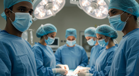 group of surgeons in operating room take with art lighting and blue filterの素材