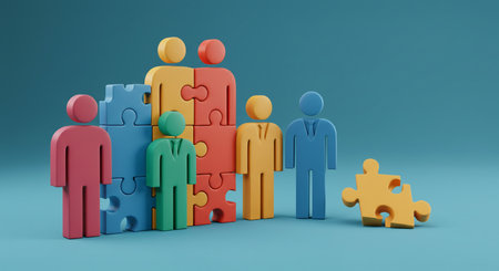 Teamwork concept with 3d people and jigsaw puzzle pieces on blue backgroundの素材