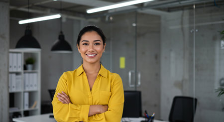 Portrait of smiling businesswoman standing with arms crossed in modern officeの素材