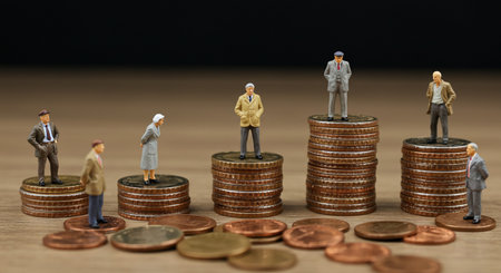 Miniature people : Businessmen standing on stack of coins, business conceptの素材