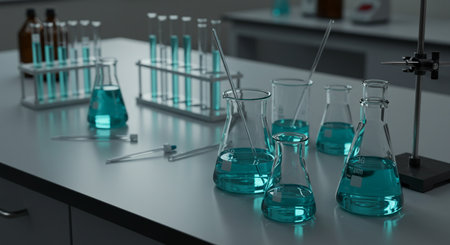 Laboratory glassware with blue liquid on the table. 3d renderingの素材