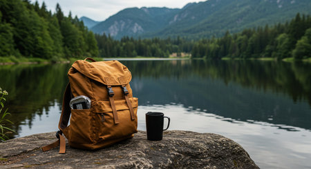 Hiking backpack with a cup of coffee on the shore of a mountain lakeの素材