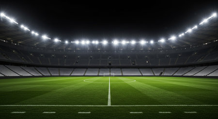 3D render of a large football stadium with bright lights at nightの素材