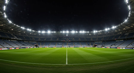 Evening view of the full football stadium with lights and seats.の素材