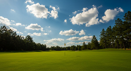 Golf course landscape with green grass and blue sky with white cloudsの素材