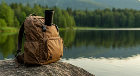 Backpack and binoculars on the shore of a mountain lakeの素材