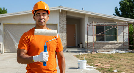 Portrait of a painter holding paint roller in front of new houseの素材