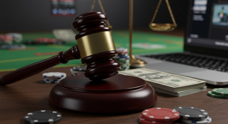 Gavel, chips and money on the table. 3d renderingの素材