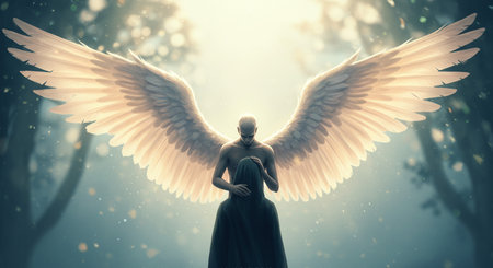 Angel with white wings in the forest, 3d digitally rendered illustrationの素材
