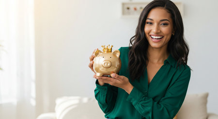 Happy african american woman holding piggy bank at home, copy spaceの素材