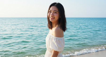Portrait of a beautiful young asian woman smiling on the beachの素材