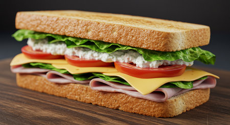 Sandwich with ham, cheese, tomato and lettuce on wooden tableの素材