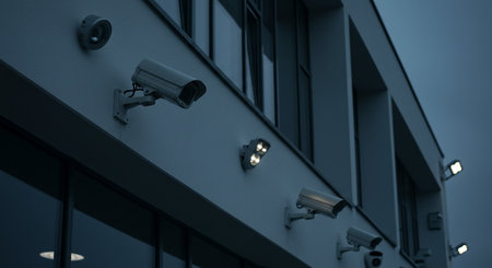 Surveillance cameras on the facade of a modern office building.の素材