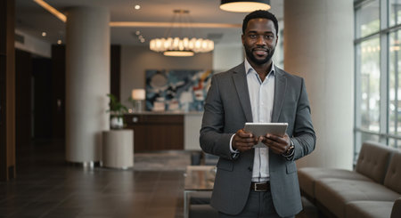 Portrait of young African businessman using digital tablet while standing in office lobbyの素材