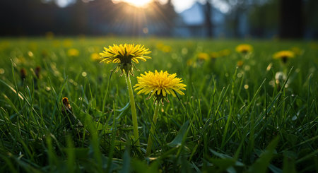 Yellow dandelions on a green meadow in the rays of the setting sunの素材