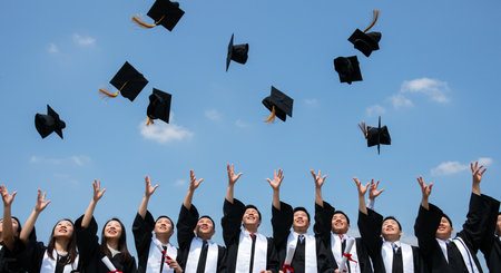 Group of students in graduation gowns and mortarboards with sky backgroundの素材