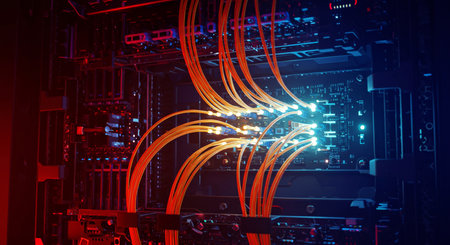 Futuristic server room with neon lights, 3d rendering toned imageの素材